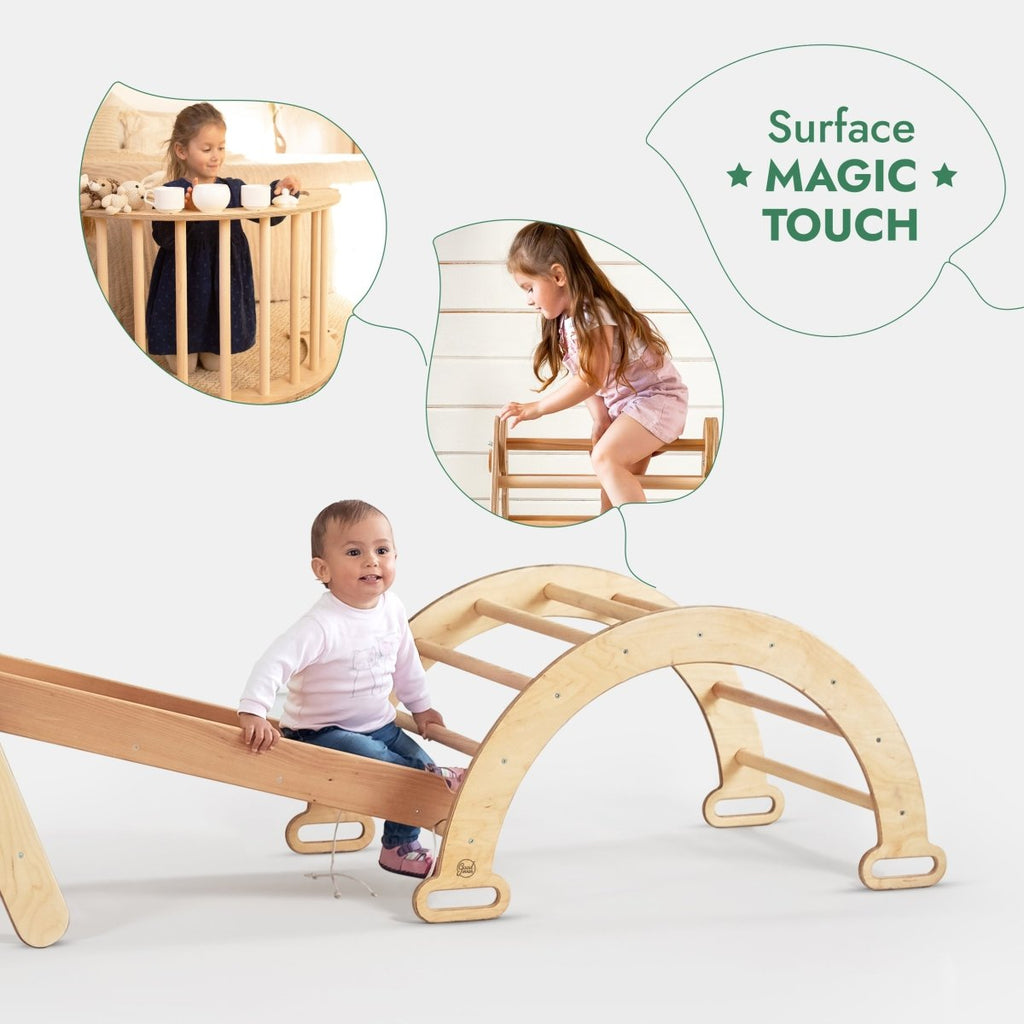 4in1 Montessori Climbing Set: Triangle Ladder + Climbing Arch + Slide Board + Net – Beige
